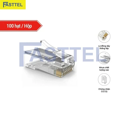 Đầu mạng RJ45 cat5e AMTAKO 50P, hạt nhựa trong suốt